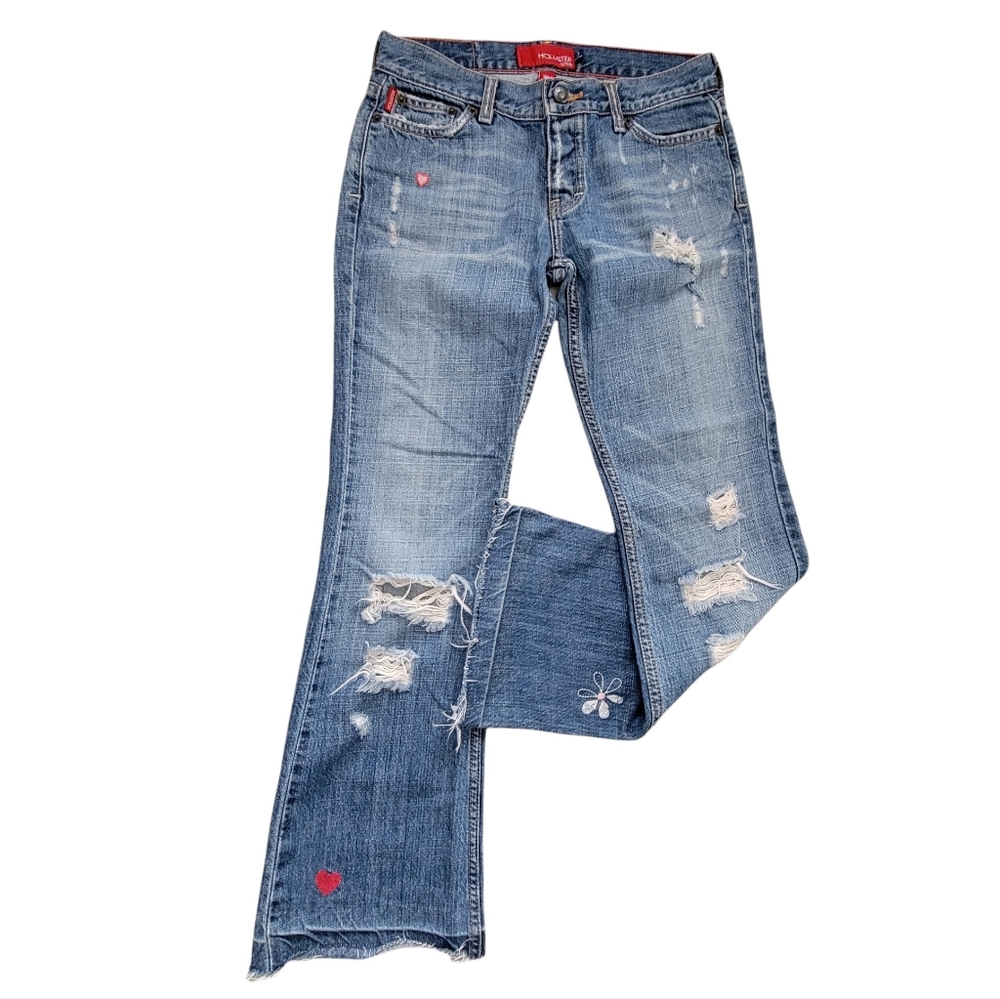 HOLLISTER Vintage Distressed Hippie Boho   Embroidered Boot Cut Jeans Size 3R